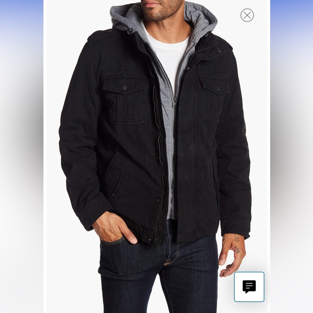 LEVIS Washed Cotton Faux Shearling Lined Hooded Military Jacket SIZE MEDIUM